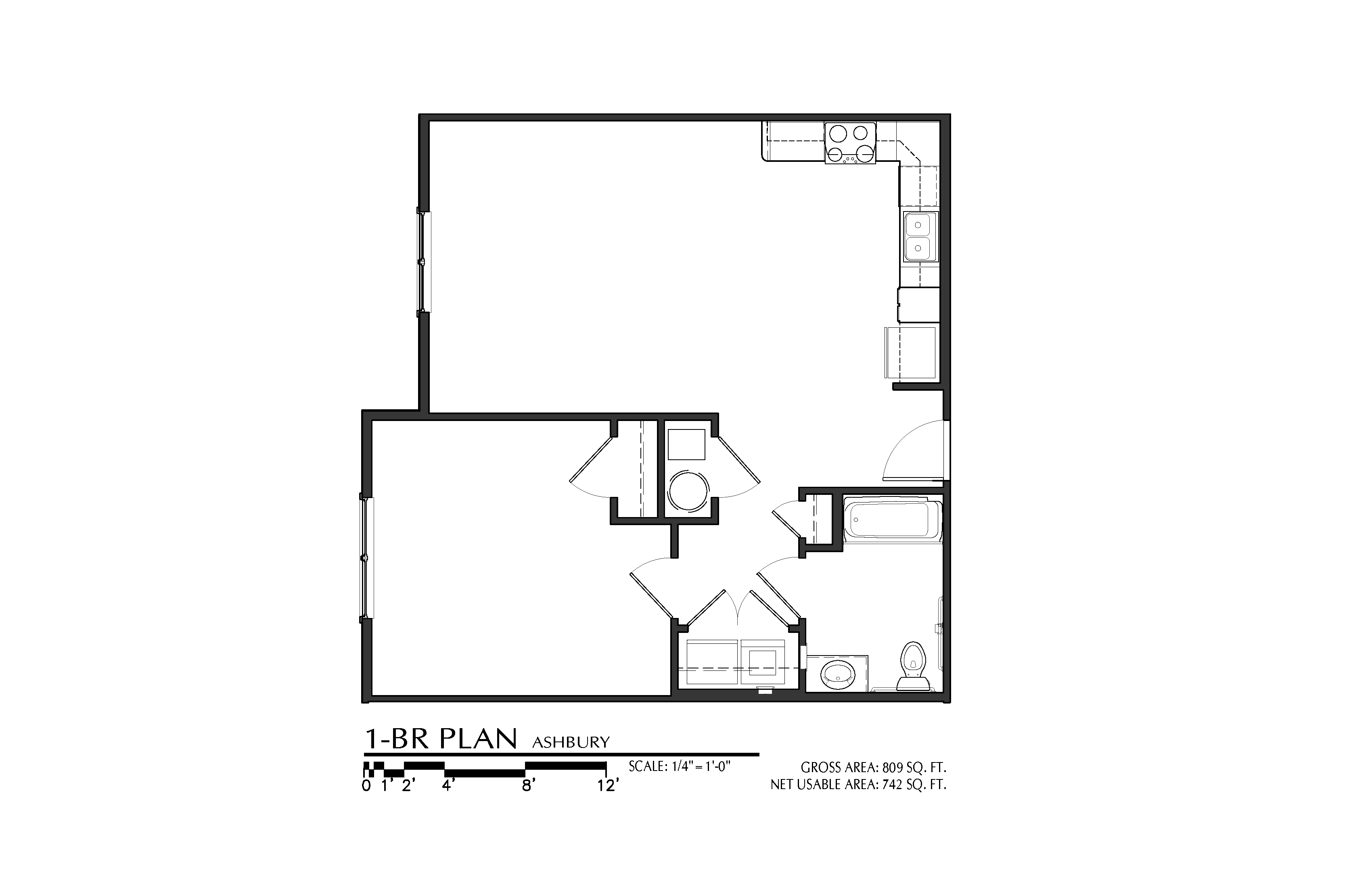 Floor plan for 1 bed, 1 bath, 742 sqft